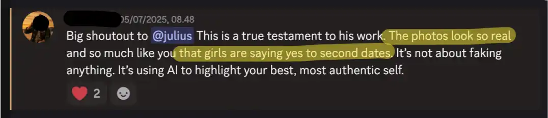 Screenshot of a testimonial saying: the photos look so much like you that the girls are saying yes to second dates