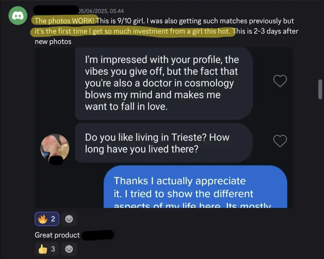 Screenshot of a testimonial saying: first time I get so much investment from a girl this hot