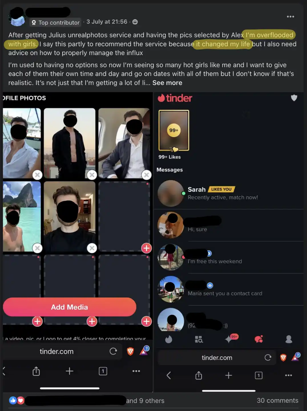 Screenshot of a testimonial saying: I'm overflooded with girls. I say this partly to recommend the service because it changed my life but I also need advice on how to properly manage the influx