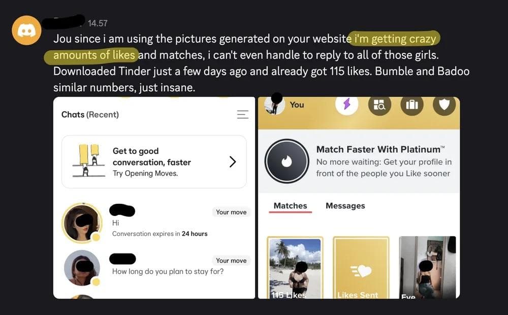 Customer message and dating-app screenshots showing 115 likes