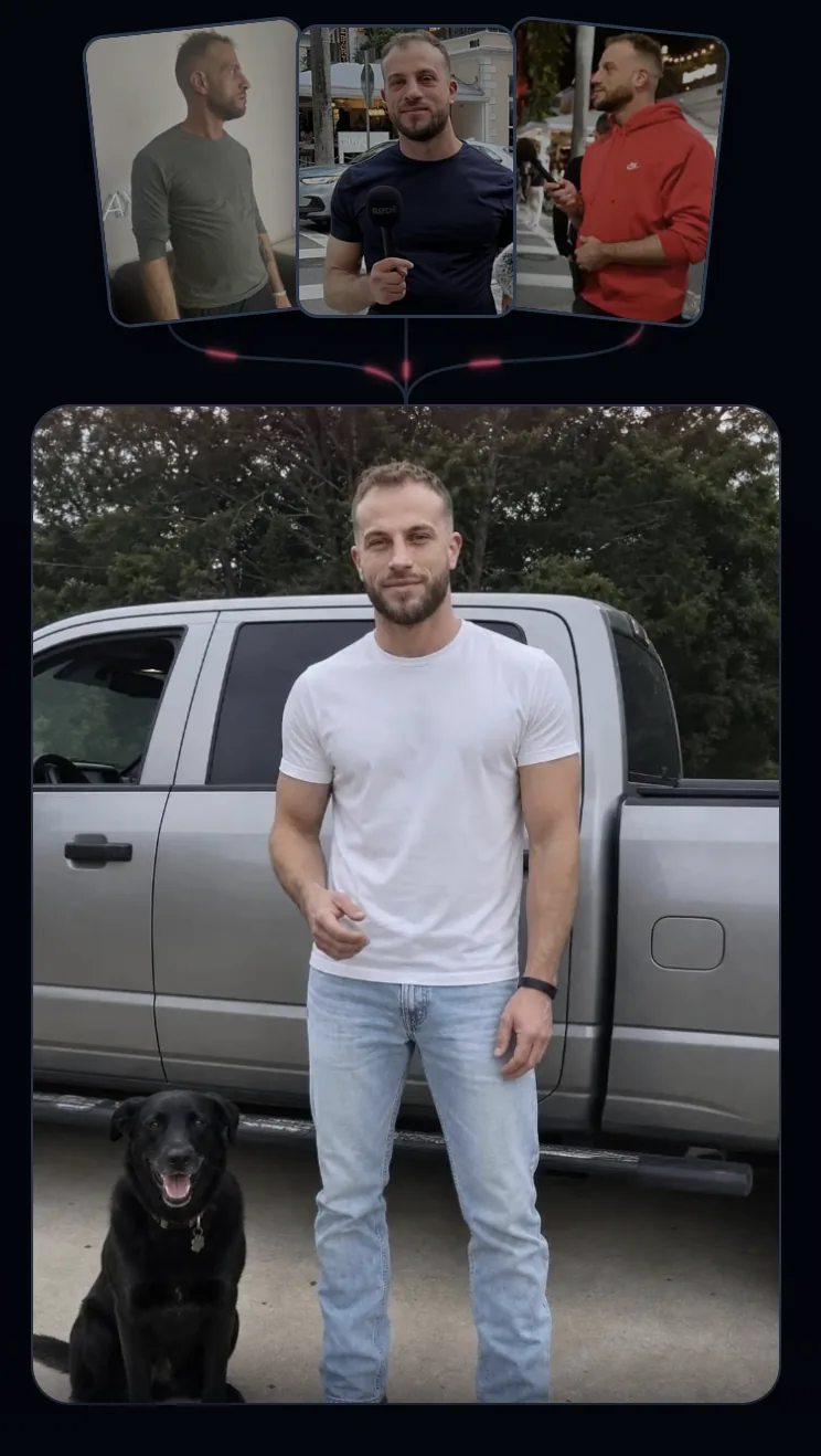 UnrealPhotos result of a man standing with a black dog in front of a pickup truck