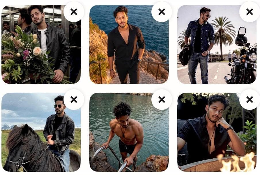 Akash's new photos: a leather jacket with flowers, coastal steps in a black shirt, a motorcycle, horseback riding, climbing out of the water, and an evening shot by a fire