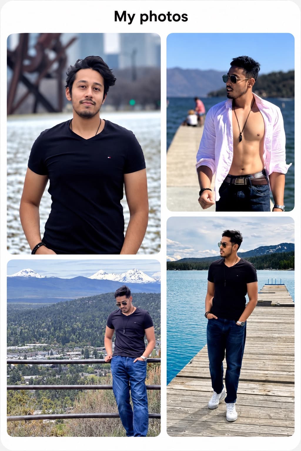 Akash's original dating profile: four similar outdoor photos in a black T-shirt, including a portrait, a lake dock, and a mountain overlook