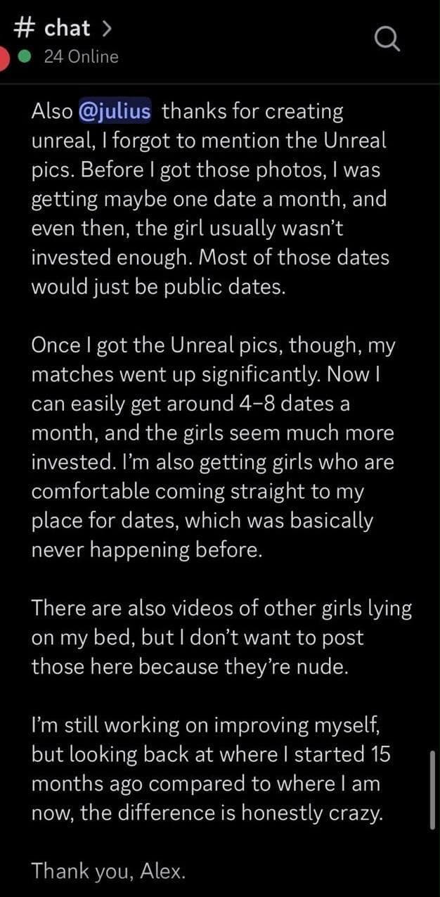 Message from Akash saying he went from about one date a month to several dates a month after using his UnrealPhotos