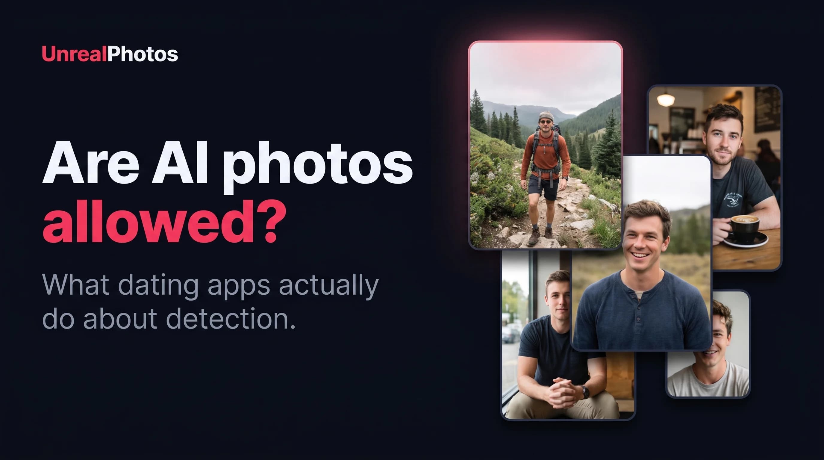 UnrealPhotos article banner: Are AI photos allowed? with overlapping 3:4 photos of men on a dark navy background