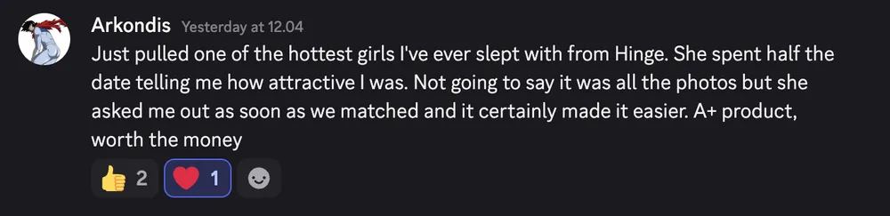 Hinge review saying AI dating photos helped land dates
