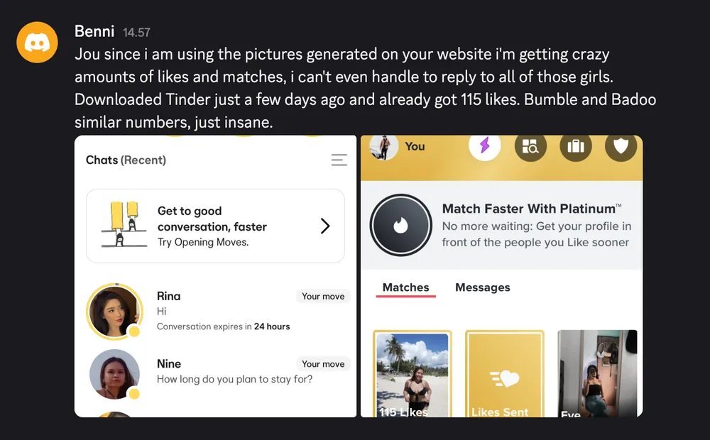 Tinder screenshot of 115 likes after using AI dating photos
