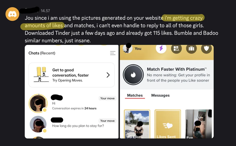 Blurred Tinder inbox showing 115 likes from AI dating photos