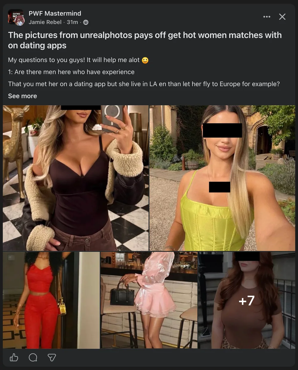 Facebook post saying UnrealPhotos AI dating photos get matches on dating apps