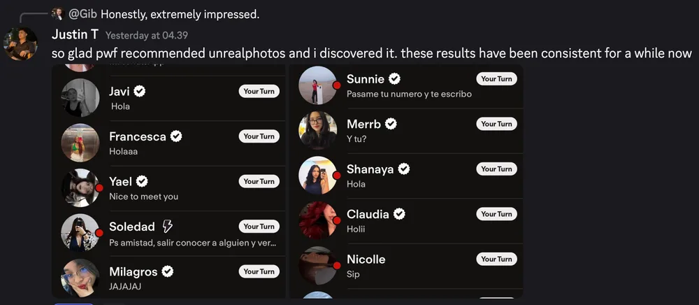 Discord review of consistent AI dating photo results next to a full dating inbox