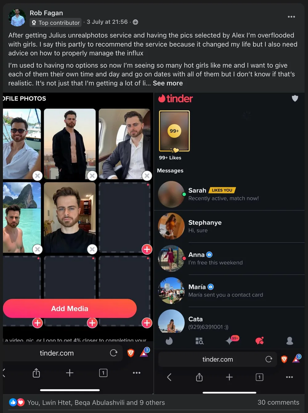 Tinder profile with 99+ likes after using UnrealPhotos AI dating photos